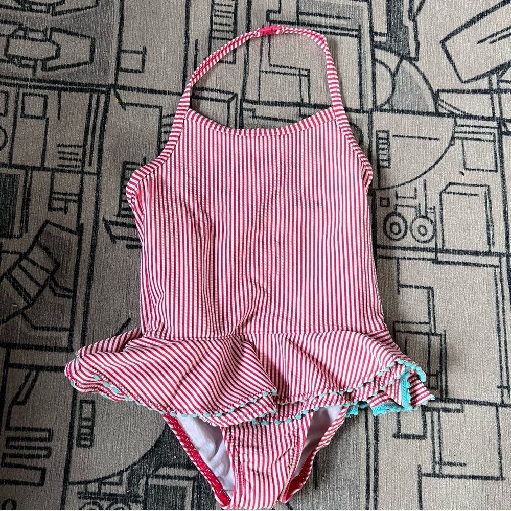 Mini Boden Red and White Striped Kids Swim One Piece